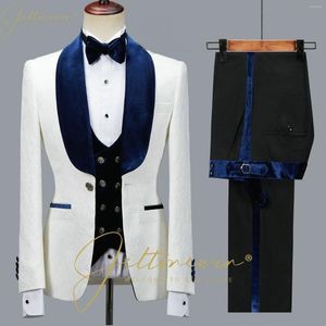 Ternos masculinos para casamento, branco, floral, festa, smoking, 2024, designs mais recentes, 3 peças, azul marinho, veludo, lapela, noivo, padrinhos