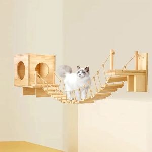 Arranhadores 100cm gato ponte escalada quadro escada de corda com madeira sisal pet árvore casa rede coçar brinquedo gato móveis montado na parede