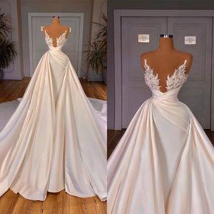 Luxuriöses trägerloses Brautkleid mit Pailletten-Applikation, Meerjungfrau-Brautkleider mit Überrock, Perlen-Perlen-Brautkleider nach Maß