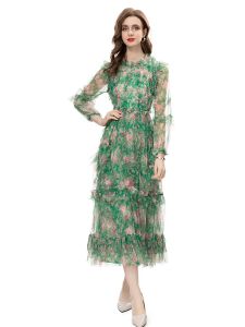 Роскошные женские весенние высококачественные модные вечерние сетчатые принты зеленого цвета, элегантные прозрачные пляжные великолепные праздничные довольно длинные платья