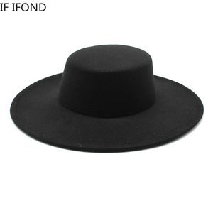 Chapéu feminino francês grande borda larga 10cm fedora chapéu de lã de inverno derby casamento jazz chapéus de feltro de topo plano 240221