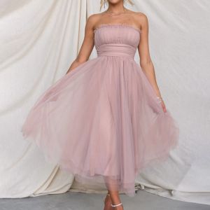 Abito da donna estivo senza spalline abito casual femminile sexy midi senza maniche con spalle scoperte abito lungo maxi abito in tulle corto gonfio ballo di fine anno