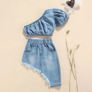 Girls Denim Clothes Set Solid Color Short Sleeve Offshoulder Cropped Tops Irregular Hem Skirt 240226