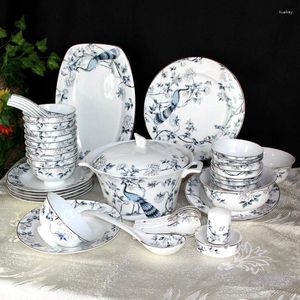 Наборы столовой посуды, свадебные синие и белые фарфоровые миски, антикварный набор посуды, подарки, бытовые тарелки Цзиндэчжэнь, костяной фарфор