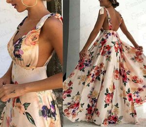 Kobiety Boho Summer Floral Shleeless Vneck Backless Vintage Long Maxi Dress Party Evening Summer Beach Sundress5596852