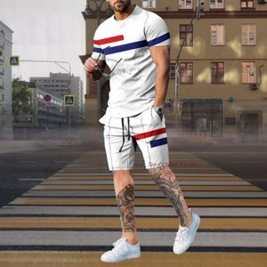 Mens Tracksuit 2 Piece Set Summer Stripe Sport Hawaiian Suit Short Sleeve T Shirt and Shorts Casual Fashion Man Clothing 240219