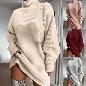 Basic Dresses Women Turtleneck Oversized Knitted Dress Autumn Solid Long Sleeve Elegant Sweater Plus Size Winter Clothes 240302