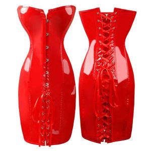 Dresses Gothic Womens Sexy Wetlook Pvc Faux Leather Corset Dress Long Black Red Shape Body Slim Bustiers Overbust Corsets Latex Catsuits