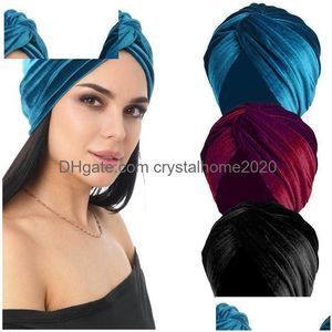 Headbands New Womens Veet Turban Hat Soft Stretch Cross Twist Cap Muslim Head Scarf Female Elegant Solid Color Chemo Hair Accessories Dh5Xi