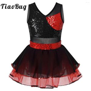 Stage Wear Sequins Ballet Dance Dress Kids Girls Sleeveless Mesh Skirted Gymnastics Leotard Moden Latin Jazz Dancing Figure Skating