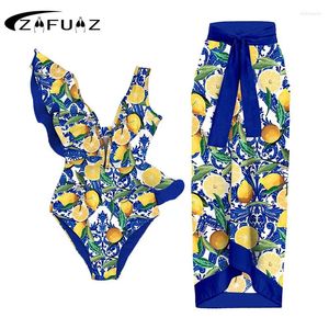 Women's Swimwear ZAFUAZ Women One Piece Swimsuits 2024 Ruffle Printed Beachwear Cover Up Bikini Set Bath Suit Skirt V-Neck Belt Monokini