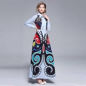 Primavera Estate Runway Dress Abiti messicani Donna Elegante manica lunga Vintage Stampa geometrica Cintura pieghettata Maxi 2105259938760