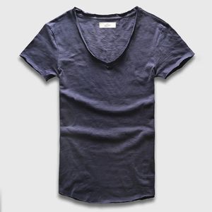 Zecmos Deep V Scoop Neck T-Shirt Men Basic Top Tees Men Casual Male Slim Fit T Shirt Luxury Curved Hem Navy Tee Muscle 240227