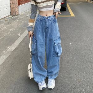 Jeans American Vintage Jeans Hohe Taille Einfarbig Taschen Design Weites Bein Hosen Herbst Lose Alle Match 2024 Damen Pantalones