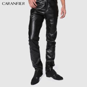 Pants Caranfier Brand 2019 New Men Leather Pants Elastic High midje lättvikt Casual Pu Faux byxor Tunna motorkläder S4XL