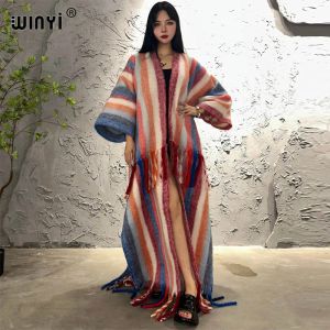 Mischung Winyi Winter Kleidung für Frauen Streifen Druck Tassels Luxus Langer Pelzmantel Lose Mantel dicke warme lange Down -Mantel -Modejacke