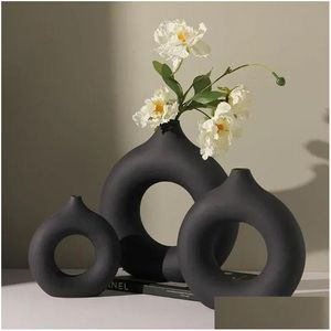 Vasen Nordic Vase Circar Hohl Keramik Donuts Blumentopf Home Wohnzimmer Dekoration Zubehör Innen Büro Desktop Dekor Geschenk D Dhdir