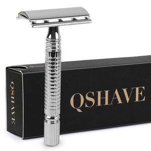 Qshave lâmina de barbear com cabo curto, clássica, borda dupla, masculina, caixa de presente, alça de cura, 1 navalha, 5 lâminas 240228