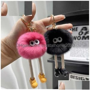 Keychains Lanyards Cute Fluffy Rex Small Coal Ball Chain P Pompom Handbag Pendant Gift Real Rabbit Fur Keychain For Car Keys Drop Del Dhdbc