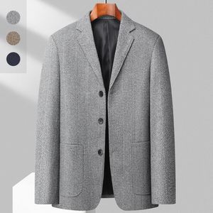 Mens Woolen Suit Flat Lapel Jacket Fashion Urban Straight Tube Type Threegrain Singlebreasted 240223