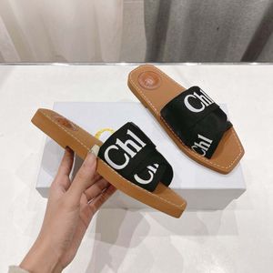 Summer Women Woody Flat Mules Slides Canvas Rubber Cross-woven Wood Sandals Slippers Roman Lady Outdoor Room Beach Designer Shoes