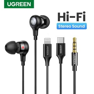 헤드폰 ugreen aux 이어 버드 이어폰, 3.5mm USB 유형 C 유선 헤드폰 소음 고리 볼륨 제어 마이크를위한 15 Pro Max.