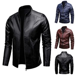 Autumn Men Leather Coat Vintage Classic Stand Collar Male Faux Jacket Trend Casual Fit Slim Motorcycle Clothes 240229