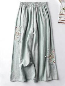 Women's Pants Cotton Blended Female Trousers 2024 Ladies Casual Straight Flower Embroidery Loose Wide Leg For Women Pantalon Femme