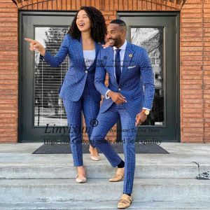 Suits Blue Plaid Slim Fit Mens Suit Women Shawl Lapel Groom Weddin Tuxedos 2 Pieces Jacket Pants Set Fashion Tailleur Femme