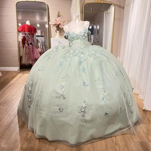Jasnozielone sukienki Quinceanera na 16 lat 2024 suknia balowa z aplikacji na ramię Bow Tull Party Sukienka dla dziewczyny vestidos de 15