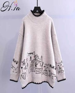 HSA women sweaters and pullovers Half Turtleneck Pull Jumpers Cartoon Cats Cute Sweaters Grey Black Oversized Pull Sweaters 210713091175