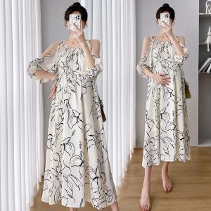 Dresses Shouler Off Sexy Hot Maternity Long Dress Summer Fashion Floral Printed Loose Straight Clothes for Pregnant Women Ties Waist