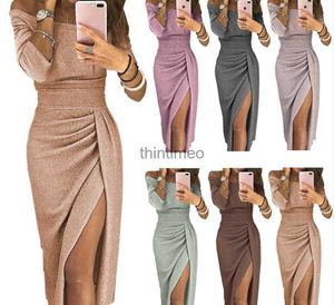 Basic Dresses Dresses Winter Dress Women Sexy Shiny Slit Push Up Slash Neck Party Formal Long Black Red Vestidos Woman 240302