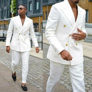 Kostymer Summer Beach Men's Formal White Linen Suits Groom Wear Double Breasted Party Wedding Peaked Lapel Tuxedos Blazer Anpassade uppsättningar