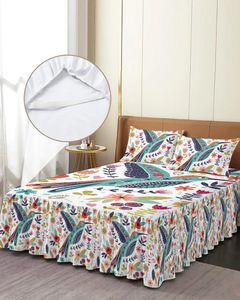 Sängkjolfåglar blommor lämnar elastisk utrustad sängöverdrag med örngott skyddande madrass täcker sängkläder set ark