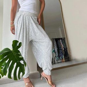 Women's Pants Women Spring Summer Lantern Elastic Waist Wide Leg Glitter Trousers Solid Color Party Casual Bloomers Streetwear