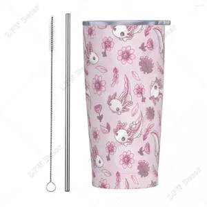 Tumblers Floral Speckled Axolotlisolerad tumlare med sugrör lock söt djur vakuum reser kaffemuggar dubbel vägg bilflaska kopp 20oz