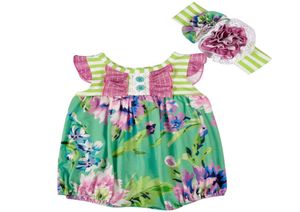 Nowe przybycie dziewczynki Romper Toddler Green Flower Printed Ruffle Beyies z opaską Nowonarodzone dziewczyny Koszyb ubrania dziecięce7560586