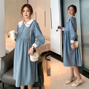 Klänningar 2082# 2021 Spring Korean Fashion Plaid Cotton Maternity Dress Chic Ins Sweet Clothes For Pregnant Women Loose Pregnancy Dress