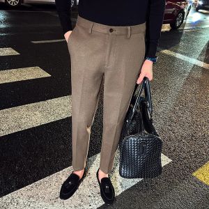 Byxor Autumn Winter Suit Pants Men tjock affärs elastisk midja klassisk grå brun ull rak koreanska formella byxor man 2935