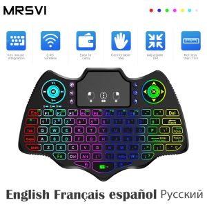 Keyboards V18 Mini Wireless Keyboard 2.4g Bt Touch 7 Farbbeleuchtete französische spanische russische Air Mouse -Tastatur für Android TV Box PC