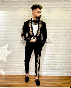 Suits Black Gold Appliques Men Suits 2 Pieces Set Handsome Groom Wedding Tuxedos Slim Fit Formal Business Male Blazer Pants Outfit