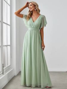 Kleider Elegante Abendkleider Lange A-Linie Kurzarm V-Ausschnitt Chiffon bodenlanges Kleid 2023 von Mint Green Einfaches Ballkleid für Frauen