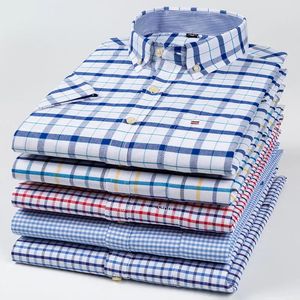 100% puro algodão masculino oxford manga curta gola quadrada solo xadrez listrado verão camisas casuais único bolso camisa 240219