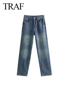 Jeans traf feminino outono fino cintura alta jeans retro azul escuro bolso com zíper botão voar calças soltas femininas casuais calças de rua y2k