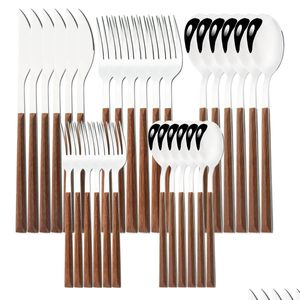 Cookware Sets 2430Pcs Imitation Wooden Handle Dinnerware Cutlery Set Stainless Steel Tableware Knife Fork Spoons Sierware Western Fla Dhnaq