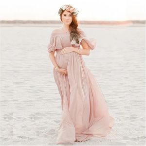 Klänningar rosa ruffles moderskapsklänningar för fotografering bohemisk chiffong gravida kvinnor fotografering rekvisita maxi klänning premama kläder 2023