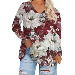 Kvinnors T-skjortor stor storlek Top V-Neck Casual Loose Printed Long Sleeve T-shirt Women Fashion Blus 2024 Skjorta