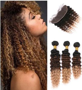 Ombre 1B 4 27 Honey Blonde Deep Wave Virgin Brasilianska Human Hair Bunds With Lace Frontal Stängning Tre ton Ombre Curly Hair Wef6901361