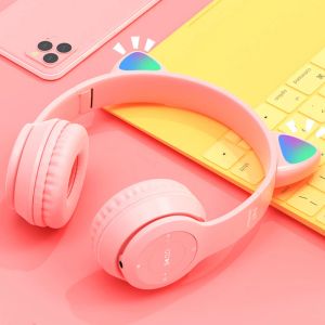 Headphone/Headset Pink Girl Wireless Headphones RGB Cute Cat Ears Headset With Microphone Noise Cancelling Kid Stereo Music casco Children's Gifts